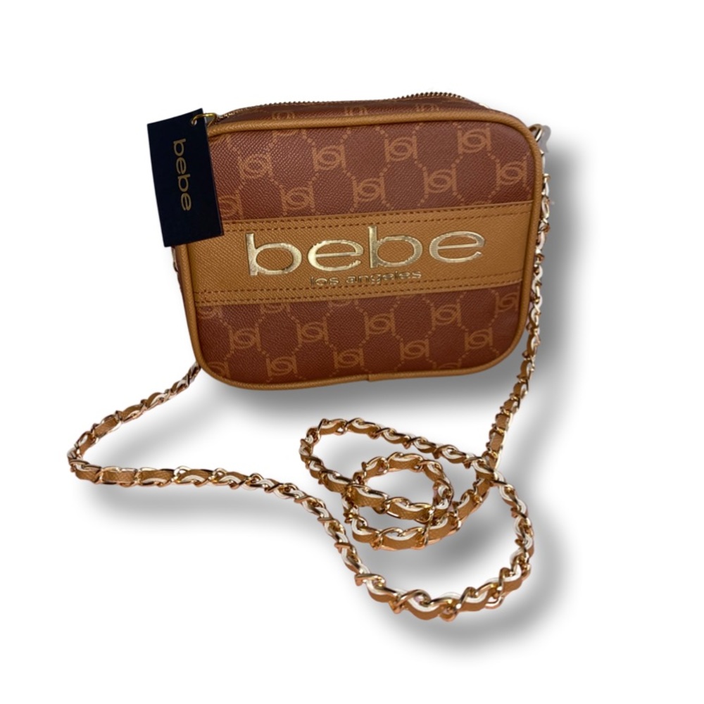 Beautiful BEBE NWT crossbody Zip bag womens tan / brown / gold purse